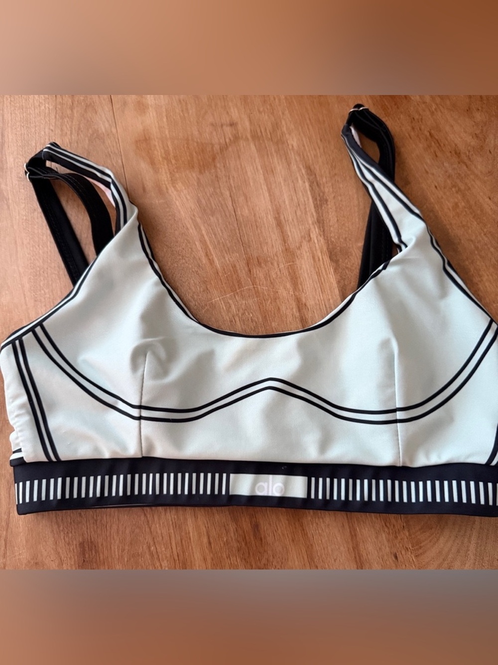 ALO Yoga Black and White Striped Sports Bra